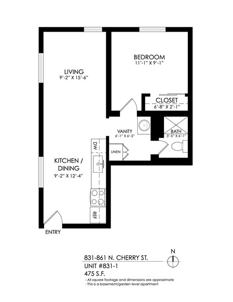 Floor plan for 1 bed, 1 bath, 630 sqft